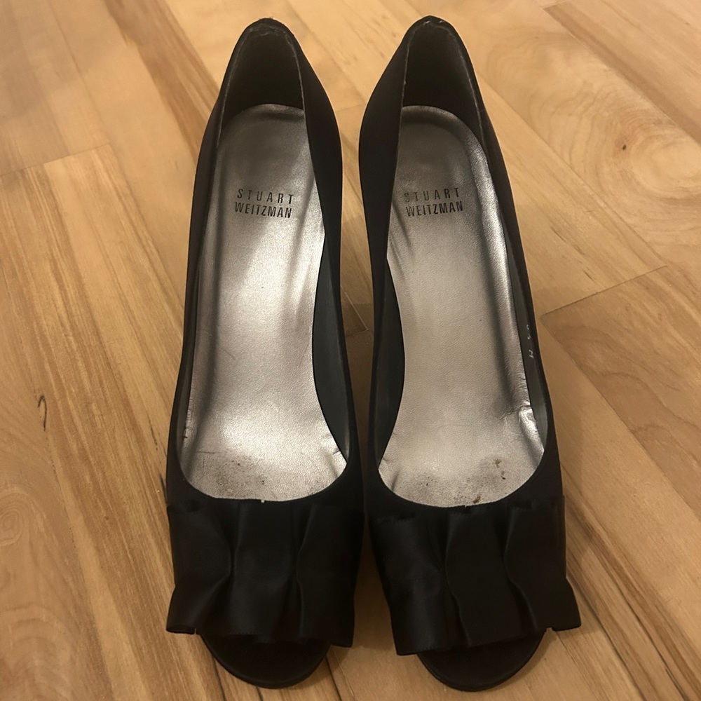 Stuart Weitzman Black Satin Peep Toe Heels